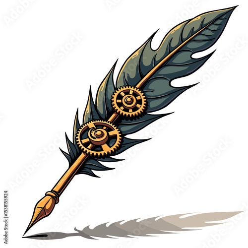 Steampunk Feather Quill Pen with Gears, Detailed Illustration for Creative Writing and Design