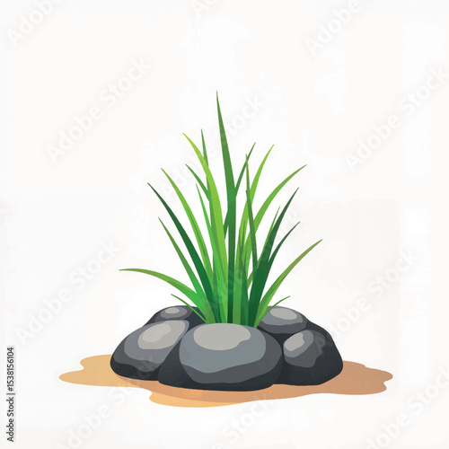 Grass sprouting through stones on white background, resilience and growth
