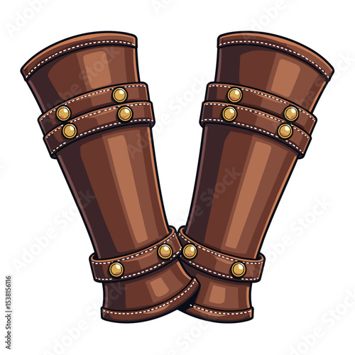 Pair of Brown Leather Arm Guards with Gold Rivets, Fantasy Armor Illustration