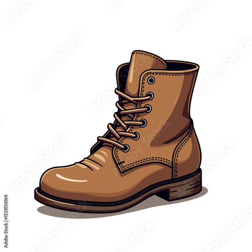 Detailed Illustration of a Brown Leather Work Boot with Laces and Stitching on a White Background
