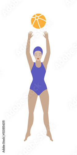 Woman in swimming suit with beach ball, beach volley, water polo.