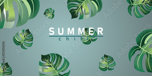 Summer Chill Background with Floating Monstera Leaves
