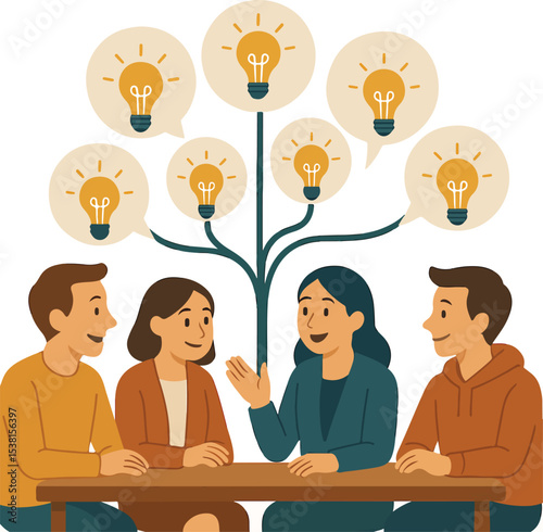  Innovative startup team communicating ideas, speech bubbles creating a tree-like structure with bulbs as fruit, minimal flat style, white background