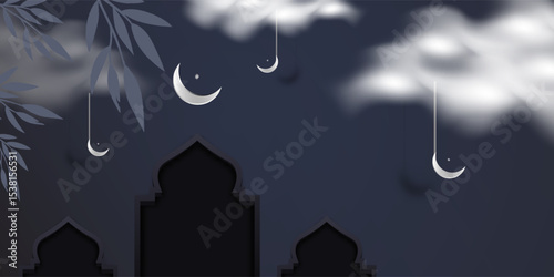 Ramadan Kareem / Eid Mubarak Night Sky with Mosque Silhouettes and Hanging Crescents