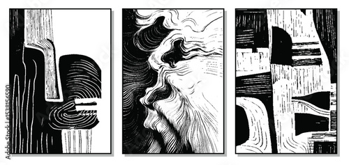 Monochrome flow: rhythmic wooden pattern linocut abstractions in bold black and white
