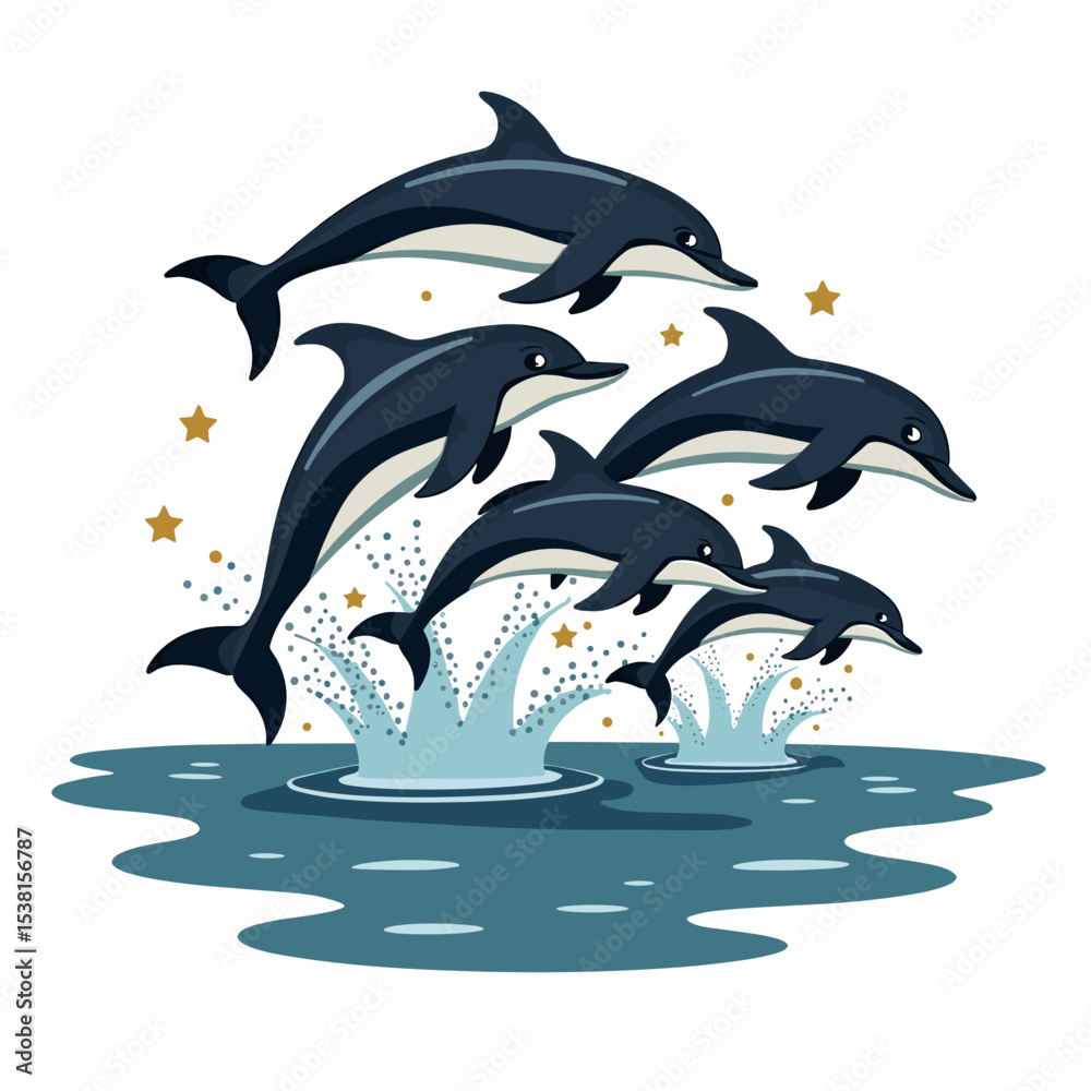 Obraz premium Group of Dolphins Leaping from the Ocean, Playful Marine Mammals Illustration with Water Splash and Stars
