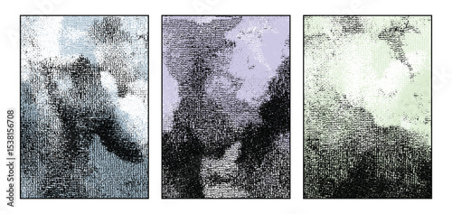 Textured shadows: abstract halftone triptych in pastel tones, abstract textured tranquility.