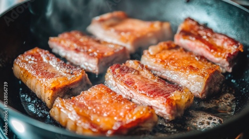 A sizzling skillet filled with pork belly being cooked to perfection, capturing the rich golden-brown color and crispy texture in warm lighting.
