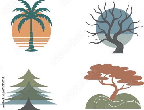Four Stylized Tree Icons Orange Sunset Palm Tree teal