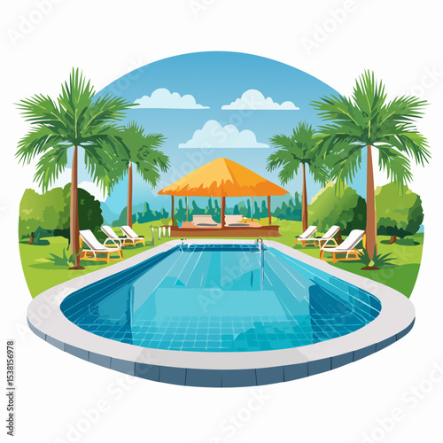 Tropical Paradise Pool Scene Palm Trees, Gazebo, and Relaxing Poolside Loungers