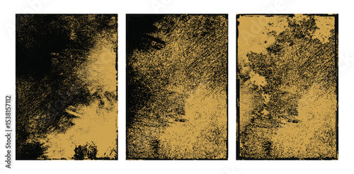 Aged Texture Triptych. Vintage Grunge Backgrounds with Distressed Dusty Overlay in Beige and Black.