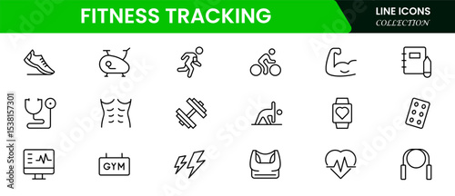 Dynamic vector web line icons depicting fitness tracking, wearables, exercise stats, health apps, and wellness monitoring for active lifestyles.