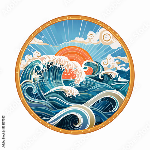 Ocean Waves Sunrise Art Circular Design of Blue Water, Sun, and Clouds