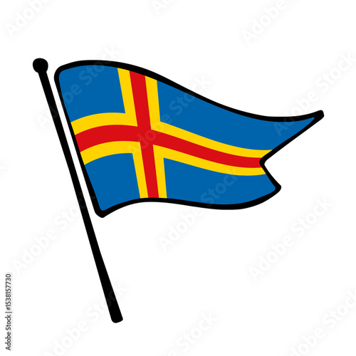 Flag of Aland. Aland flag vector illustration icon design in the hand-drawn style. Fluttering flagpole flag.
