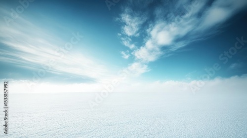 A vast snowy landscape under a clear blue sky with wispy clouds