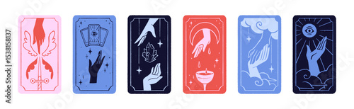 Tarot back designs set. Templates of magic cards for fortune telling with hands, cups, swords, pentacles arcanas. Esoteric wallpapers with astrology, divination, prediction. Flat vector illustrations