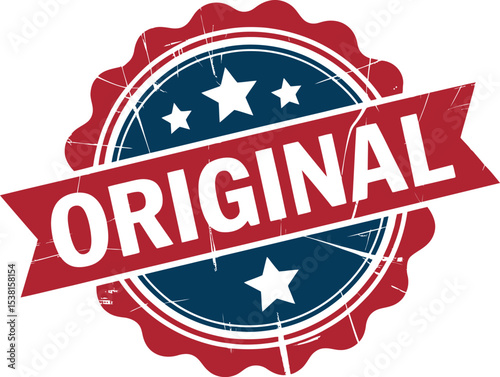 Original label with red and blue colors and white stars on a white background, seal of authenticity
