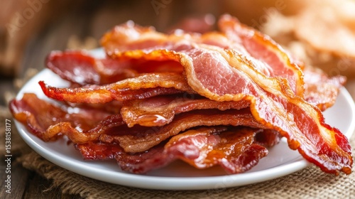 A stack of crispy bacon on a white plate, with a light drizzle of maple syrup, creating a deliciously tempting breakfast scene against a warm background.