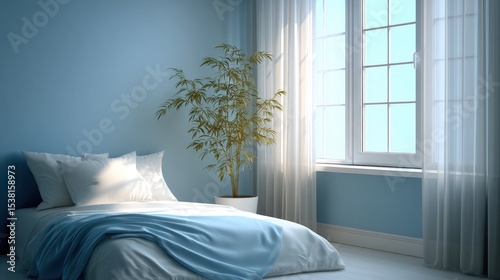 Sleep detox concept  A cozy bedroom with a neatly made bed  soft blue and white linens  a potted plant  and sunlight streaming through large windows with sheer curtains.