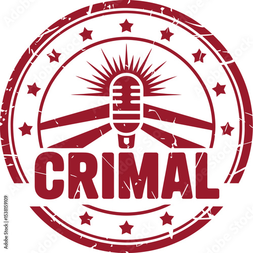 Crimal podcast logo with a microphone and stars in a red circular stamp on a white background