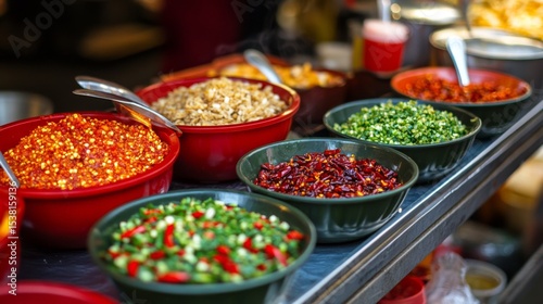 A street food stall displaying various chili condiments in small bowls, with crushed chilies, chili paste, and soy sauce, ready for customers to add to their meals.
