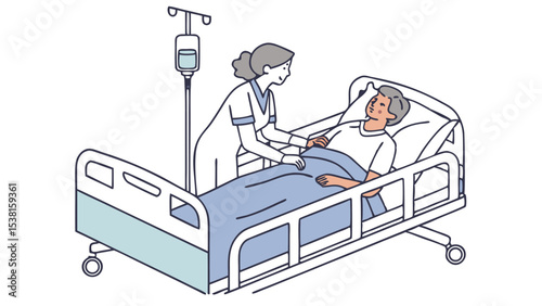 Nurse assisting patient in hospital bed with iv drip providing medical care and comfort during recovery stay