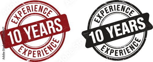 A red stamp with the words experience written around a circle and ten years written across a banner