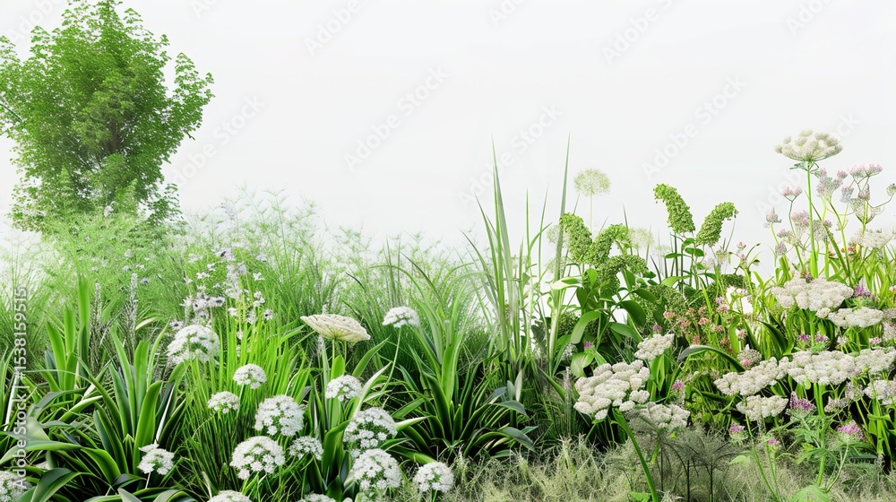 Naklejka premium White Background Herbaceous and Floral Plants – a fresh and natural visual. The white background highlights the delicate details of herbaceous and floral plants, creating a clean and elegant botanical
