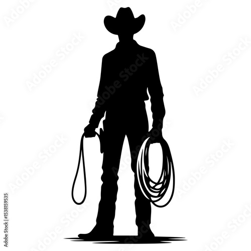 "Iconic Cowboy Standing Silhouette Holding Rope — A Bold Pictogram Vector Depicting Traditional Western Identity in Monochrome Style"