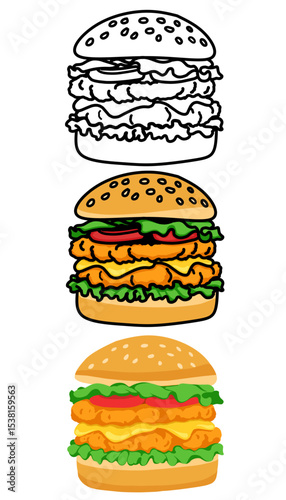 Delicious chicken burger vector set.