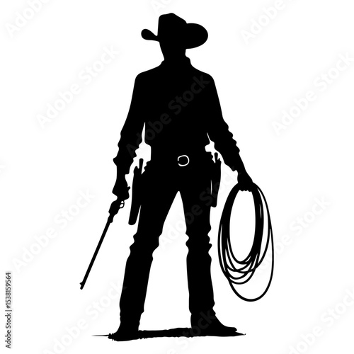 "Iconic Cowboy Standing Silhouette Holding Rope — A Bold Pictogram Vector Depicting Traditional Western Identity in Monochrome Style"