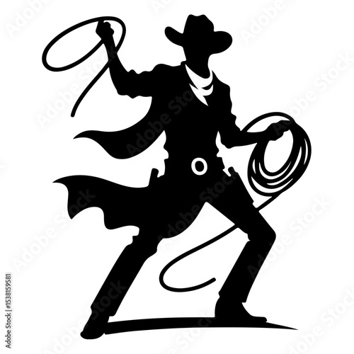 "Cowboy Silhouette Pictogram of a Man Standing with Rope in Hand, Capturing the Wild Spirit of Western Life in Minimalist Vector Style"