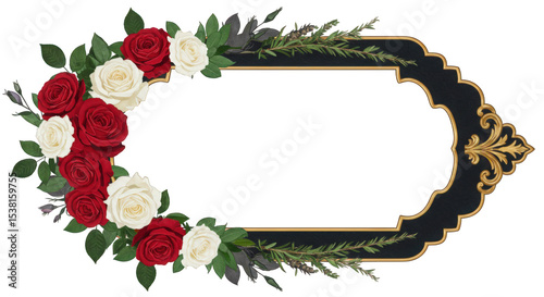 Ornate black and gold frame decorated with red and white roses isolated on transparent background