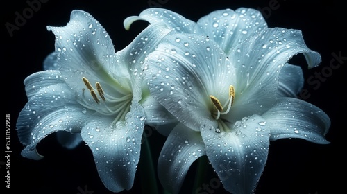 A stunning image of a cluster of delicate white lilies with droplets of water glistening on their petals, set against a dark background to enhance their elegance.