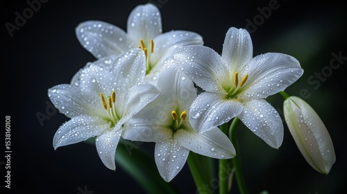 A stunning image of a cluster of delicate white lilies with droplets of water glistening on their petals, set against a dark background to enhance their elegance.