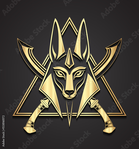 3d gold Anubis egyptian jackal head god with crossed khopesh swords on triangle
