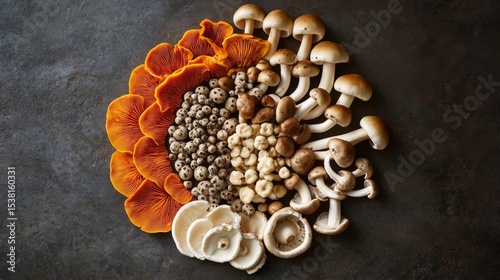 A stunning overhead view of a variety of mushrooms arranged in a spiral pattern on a textured background, creating a visually striking composition.