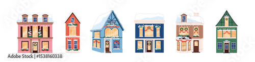 Houses at Christmas set. Building facades with snow on roofs, light in windows, decorated with wreaths for winter holidays. European city architecture. Flat isolated vector illustrations on white