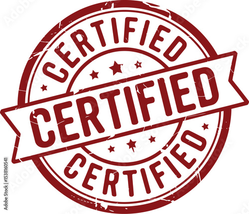 A red certified stamp with stars and a banner on a white background in a circular design element