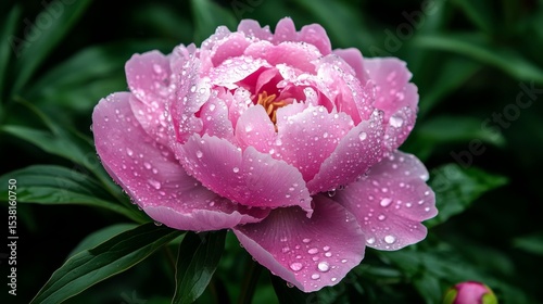 A stunning shot of a pink peony with sparkling water droplets, surrounded by lush green foliage, capturing the lushness and beauty of a garden after a rain shower.