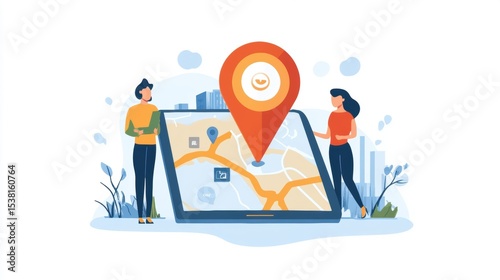 Two people standing next to a large tablet displaying a map with a location pin