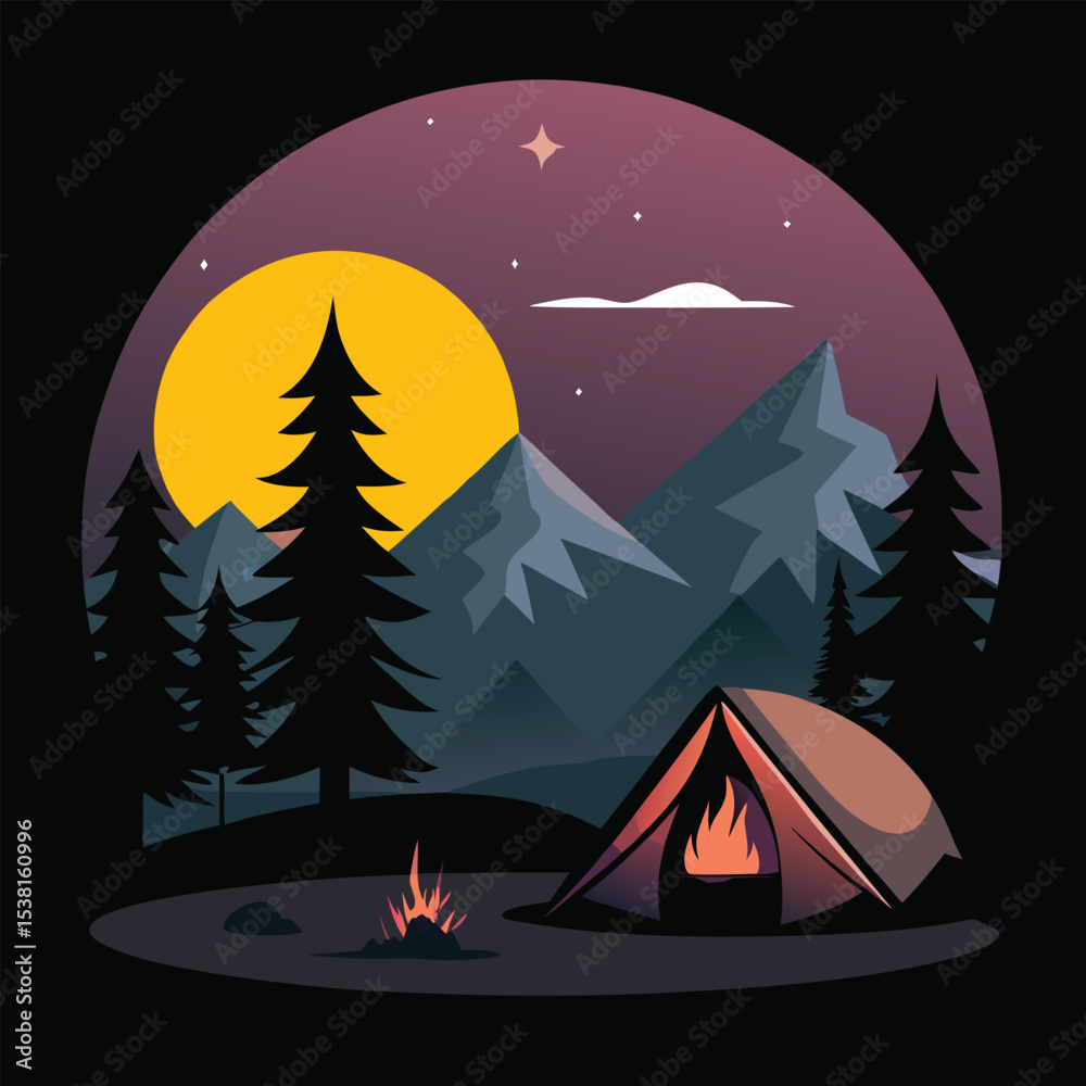 Fototapeta premium Camping Tent and Bonfire Silhouette at Twilight