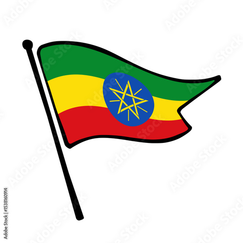 Flag of Ethiopia. Ethiopia flag vector illustration icon design in the hand-drawn style. Fluttering flagpole flag.