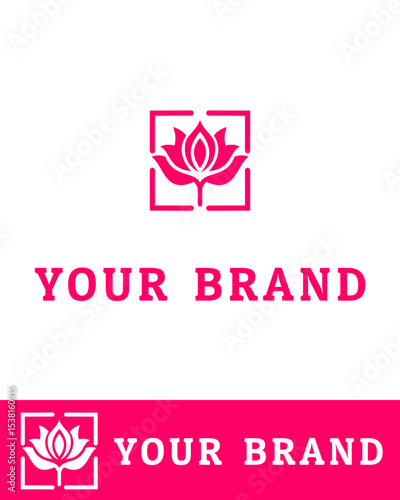 A modern minimalist logo design featuring a red lotus flower inside a square frame