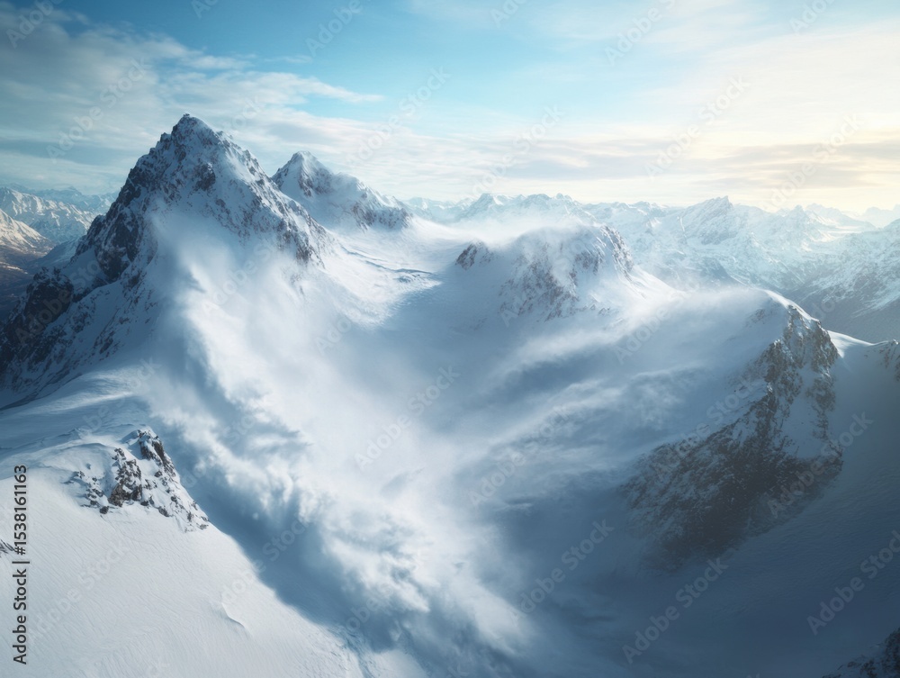 Naklejka premium Majestic snowy mountain landscape with grand peaks and soft clouds under a clear blue sky during winter