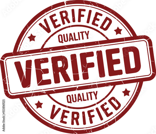 A red verified quality stamp with stars and a rectangular box on a white background showing approval