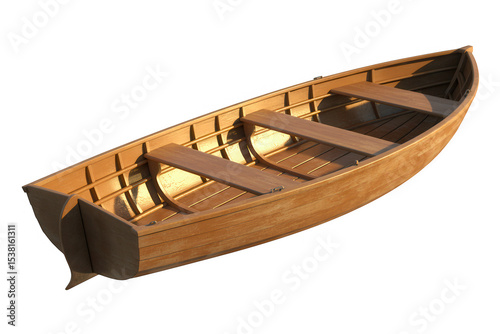 A wooden rowboat with two seats sitting on a transparent background in a studio setting