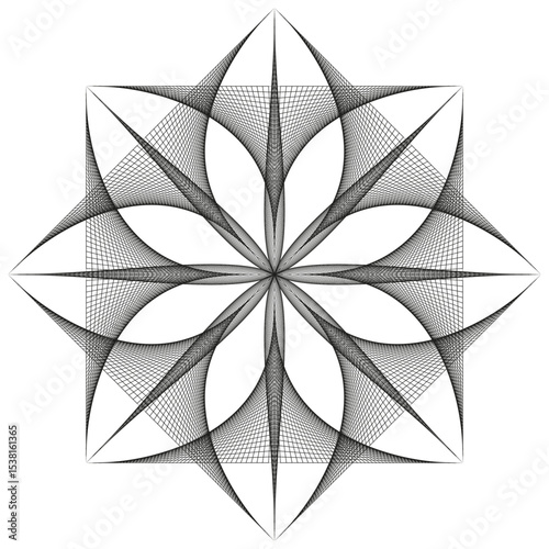 Petal flower icon. White geometric symbol. Abstract floral figure. Vector symmetry shape.