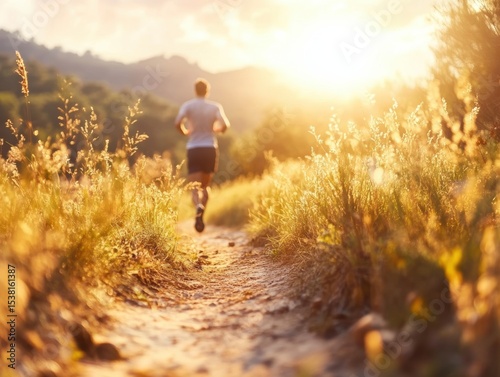Runner enjoying a peaceful trail in nature during sunset near mountains