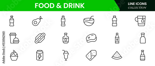 Appetizing vector web line icons depicting food, drinks, utensils, cooking, and dining experiences for culinary and beverage enthusiasts.